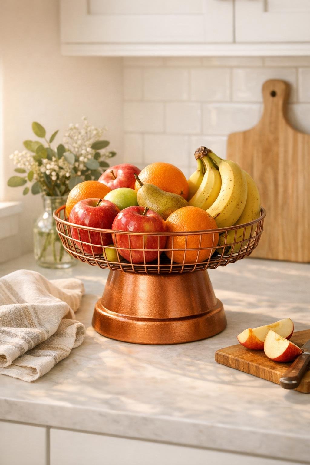 Finished copper fruit bowl made from a cooling rack and terra cotta pot on a kitchen counter