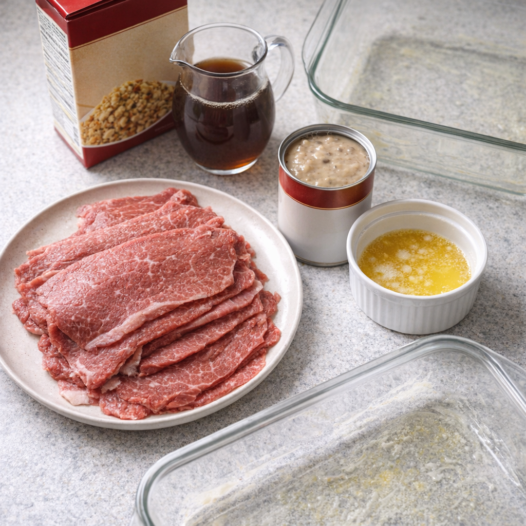 Ingredients for beef roll ups arranged on a countertop