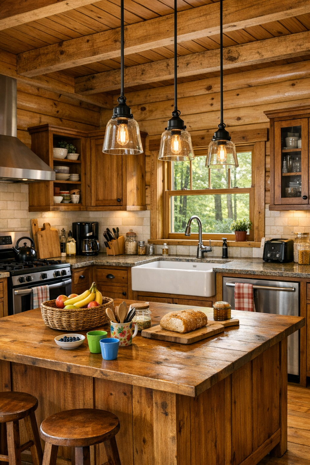 Rustic family kitchen with solid wood cabinets and stone countertops
