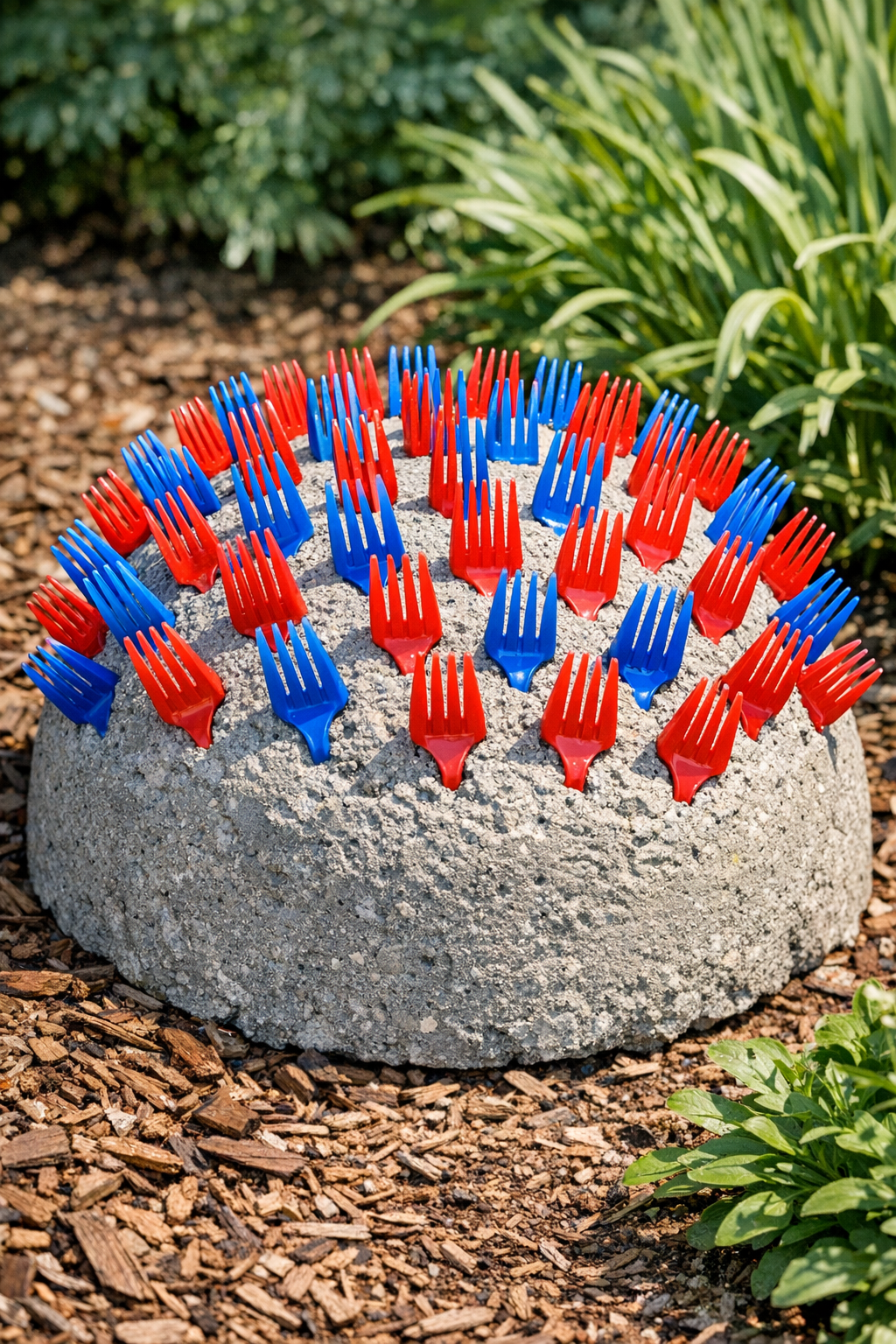 Finished cement outdoor form with red and blue fork spikes