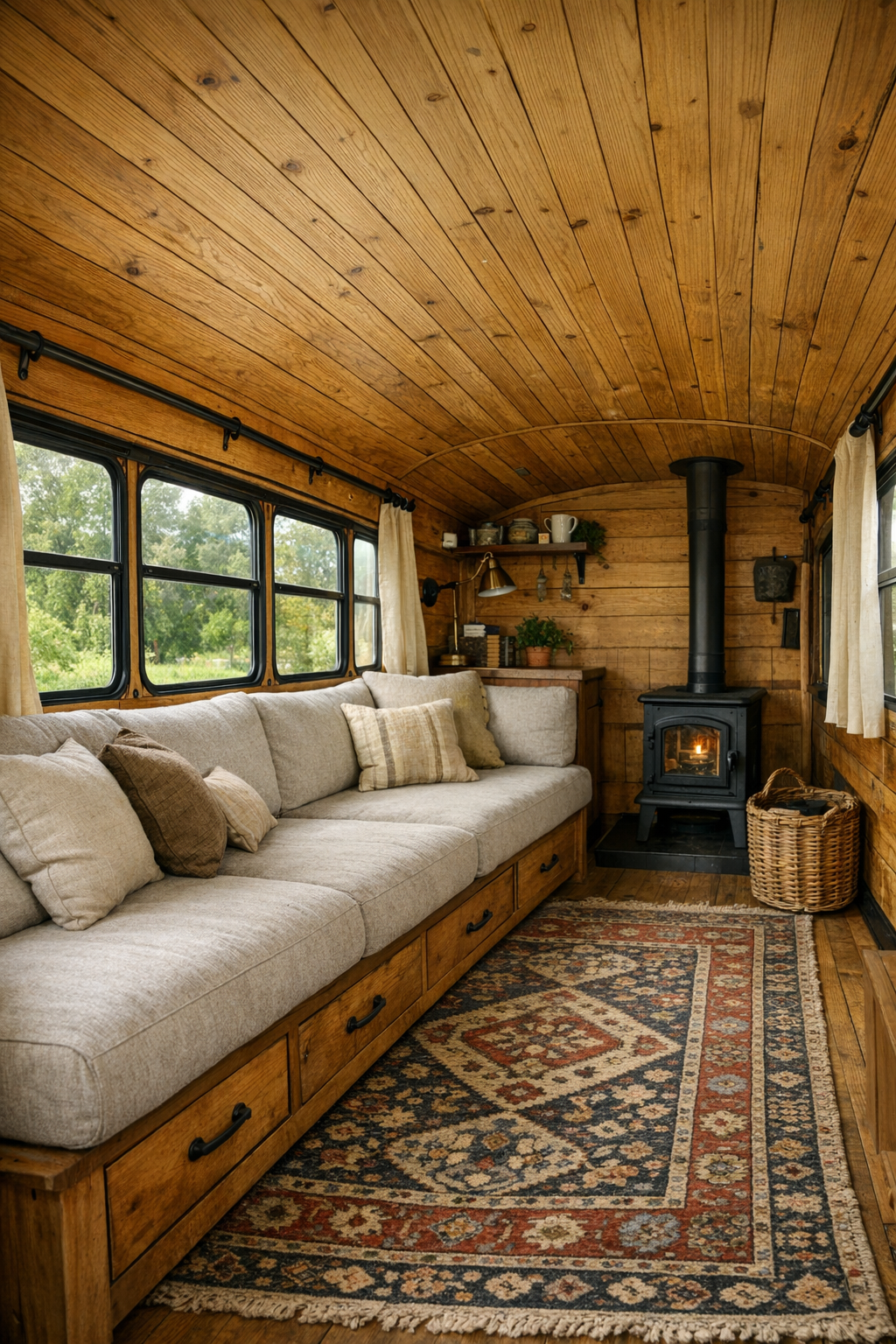 Rustic converted bus living room with built-in bench seating and warm wood finishes