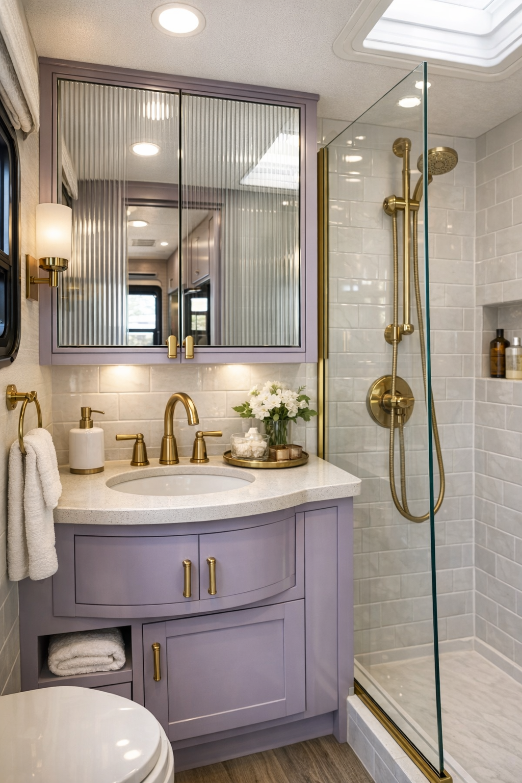 Compact RV bathroom with glossy tile, brass fixtures, and a lavender vanity