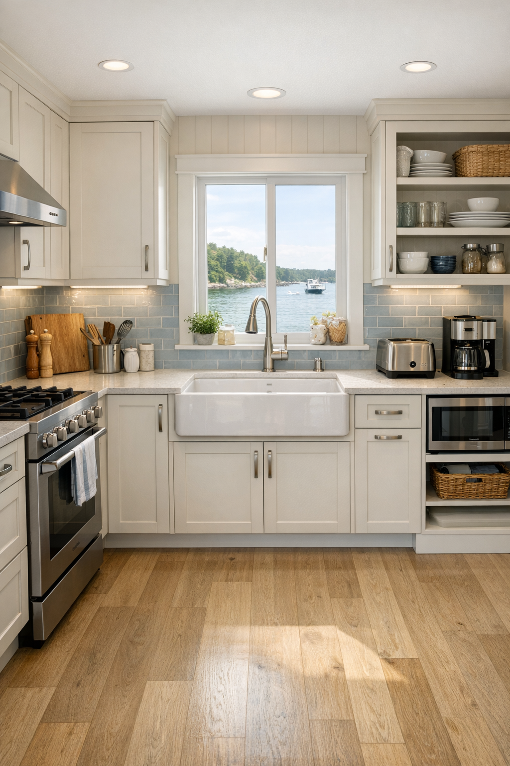 Bright cottage kitchen with creamy white cabinets, pale counters, and blue tile backsplash