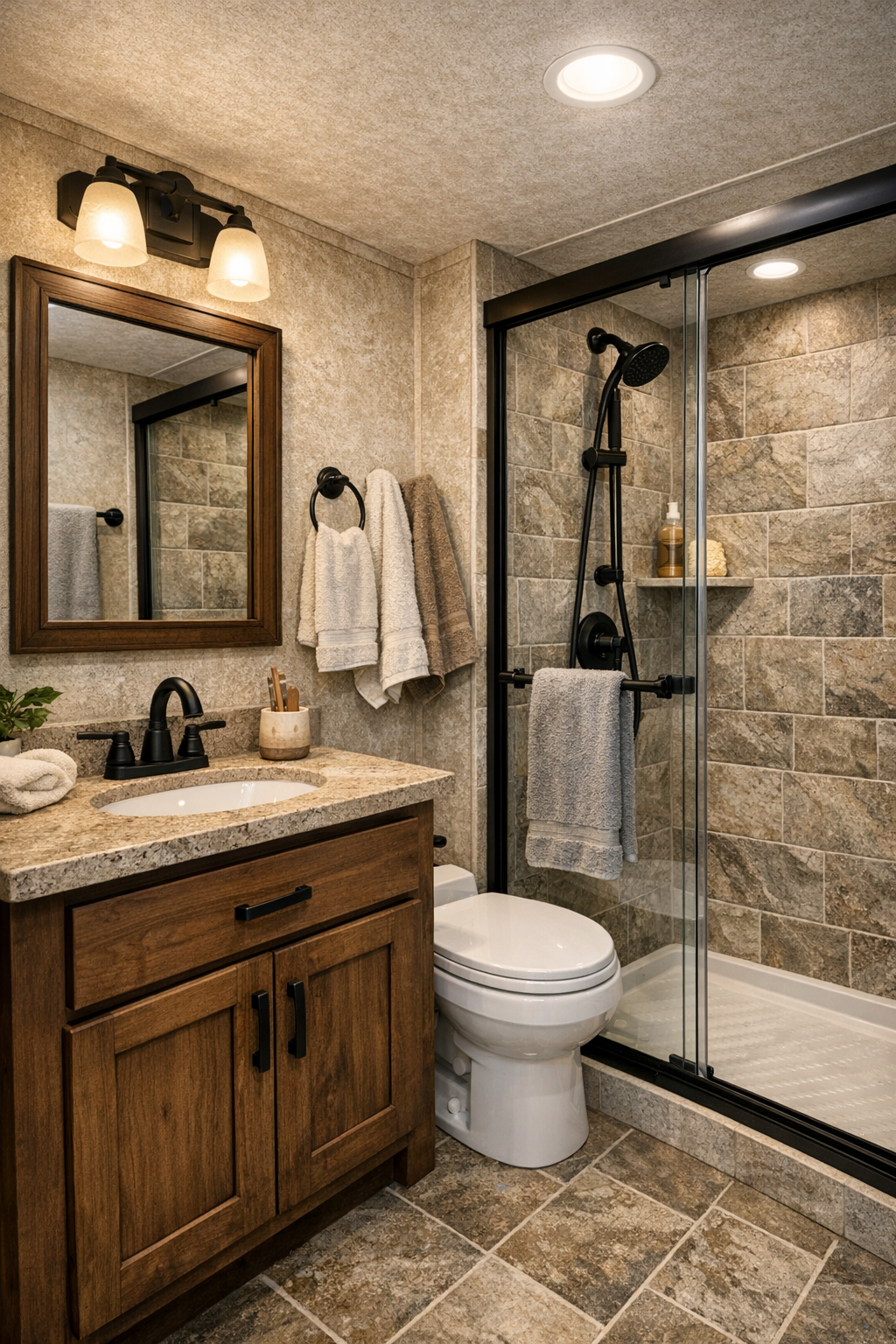 Rustic bathroom with stone-look tile, wood vanity, and matte black fixtures
