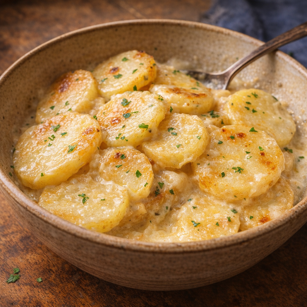 Finished creamy potatoes scooped into a serving bowl with herbs