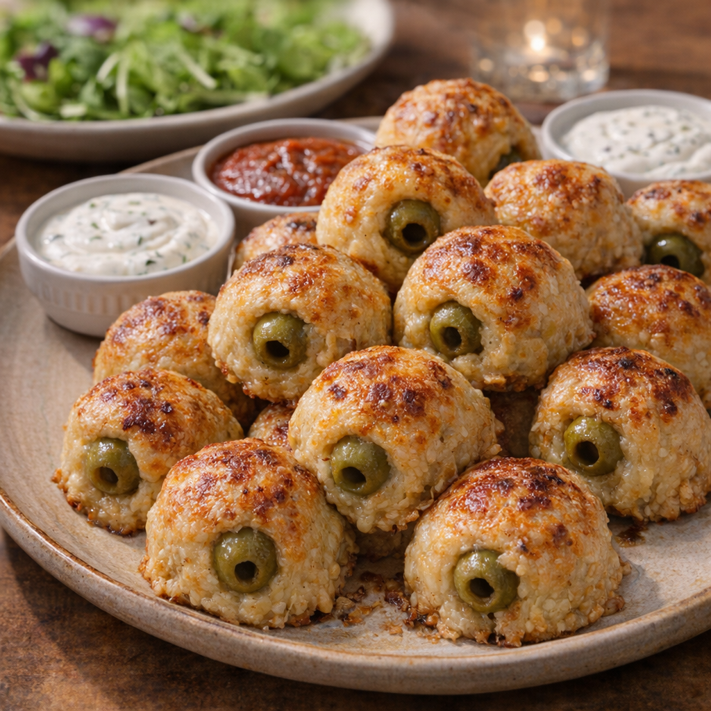 Serving platter of cheese olive bombs with dipping sauces