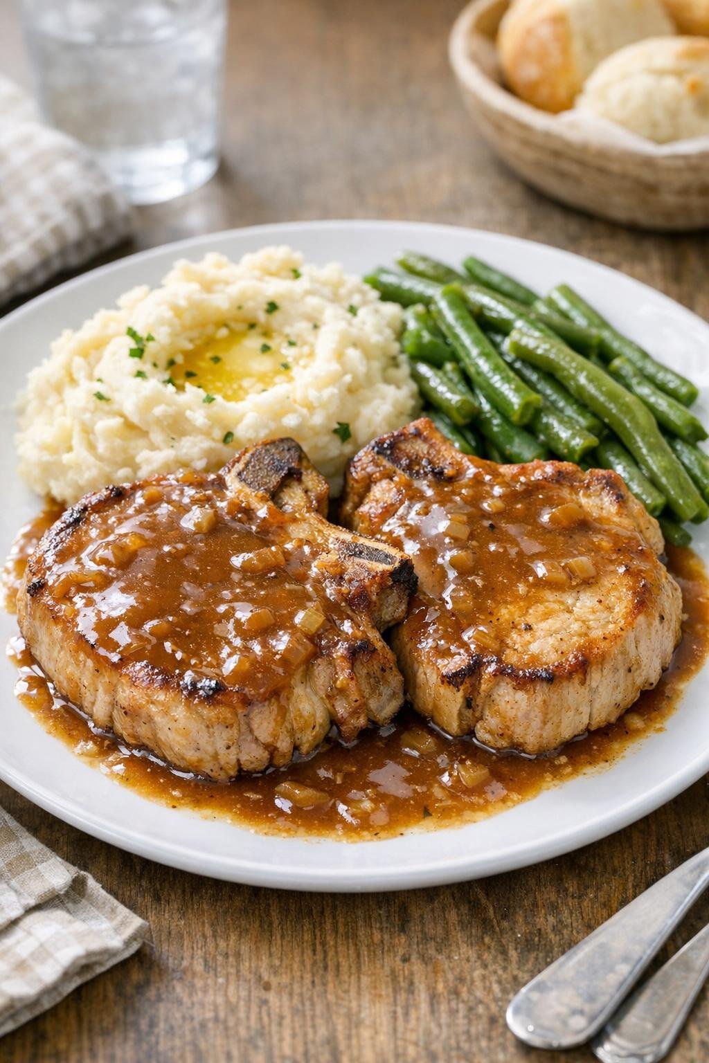 Finished slow cooker pork chops plated with gravy
