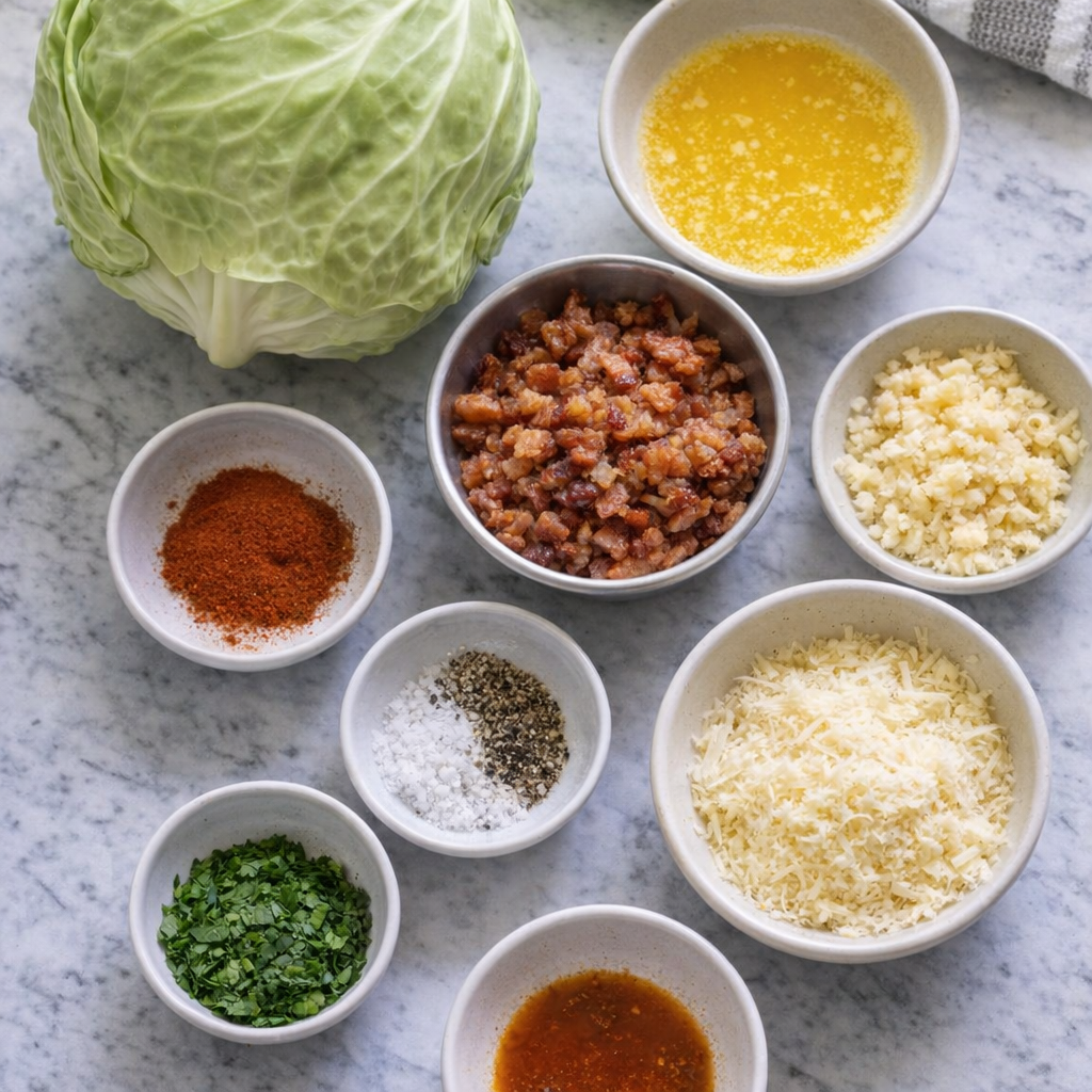 Ingredients for loaded cabbage steaks on a kitchen counter