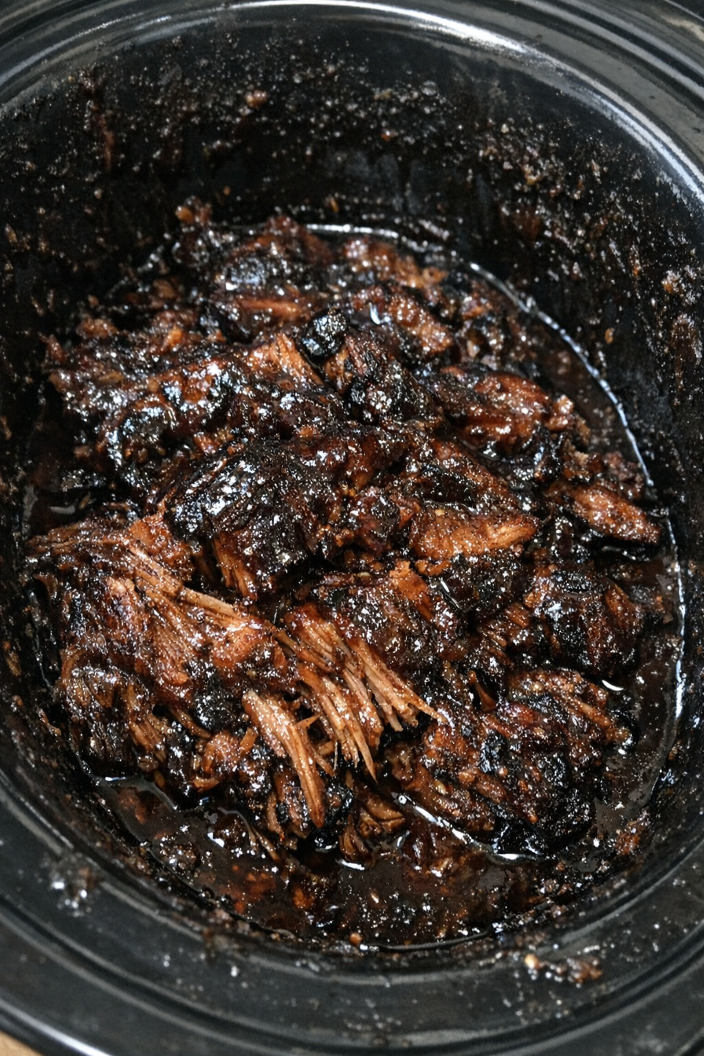 Slow cooker supper with glossy dark glaze