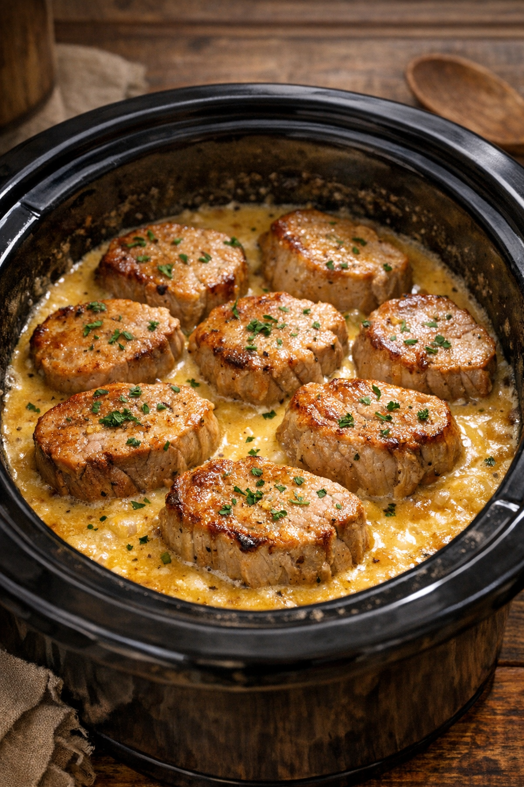 Cooked pork medallions in creamy sauce inside the slow cooker