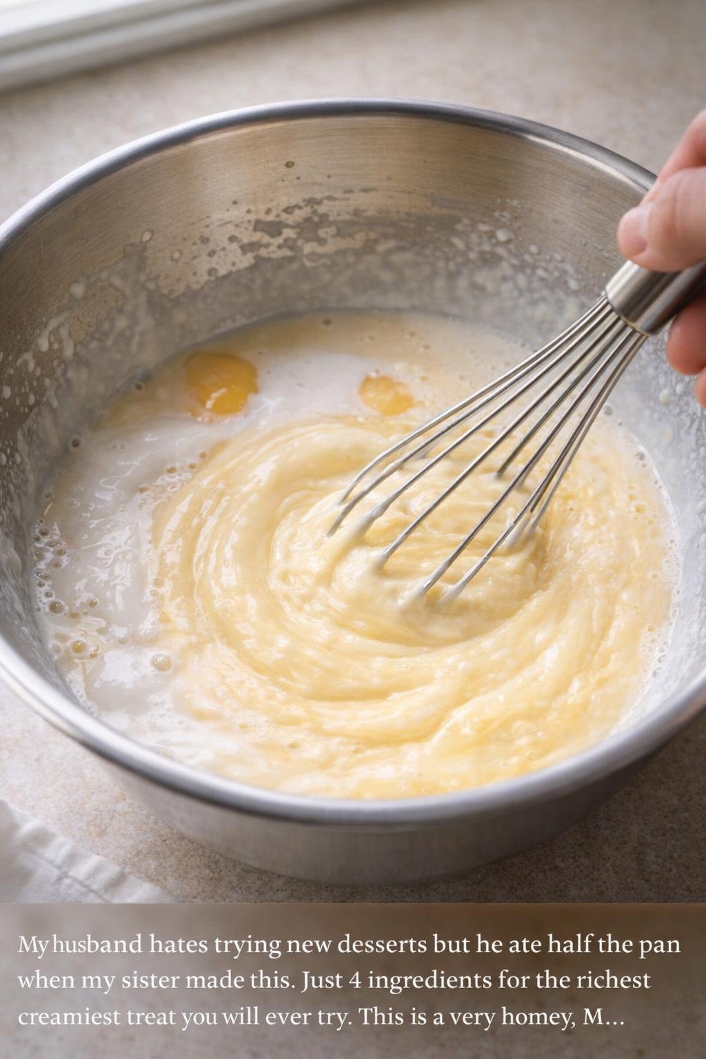 Het vla-mengsel wordt in een kom geklopt.