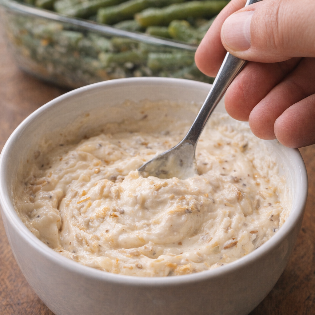 Soup mixture being stirred in a small bowl