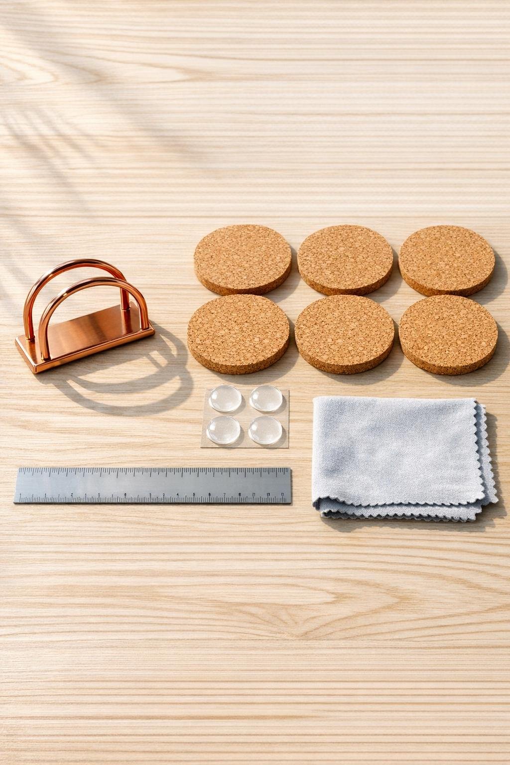 Copper napkin holder, cork coasters, and simple supplies laid out together