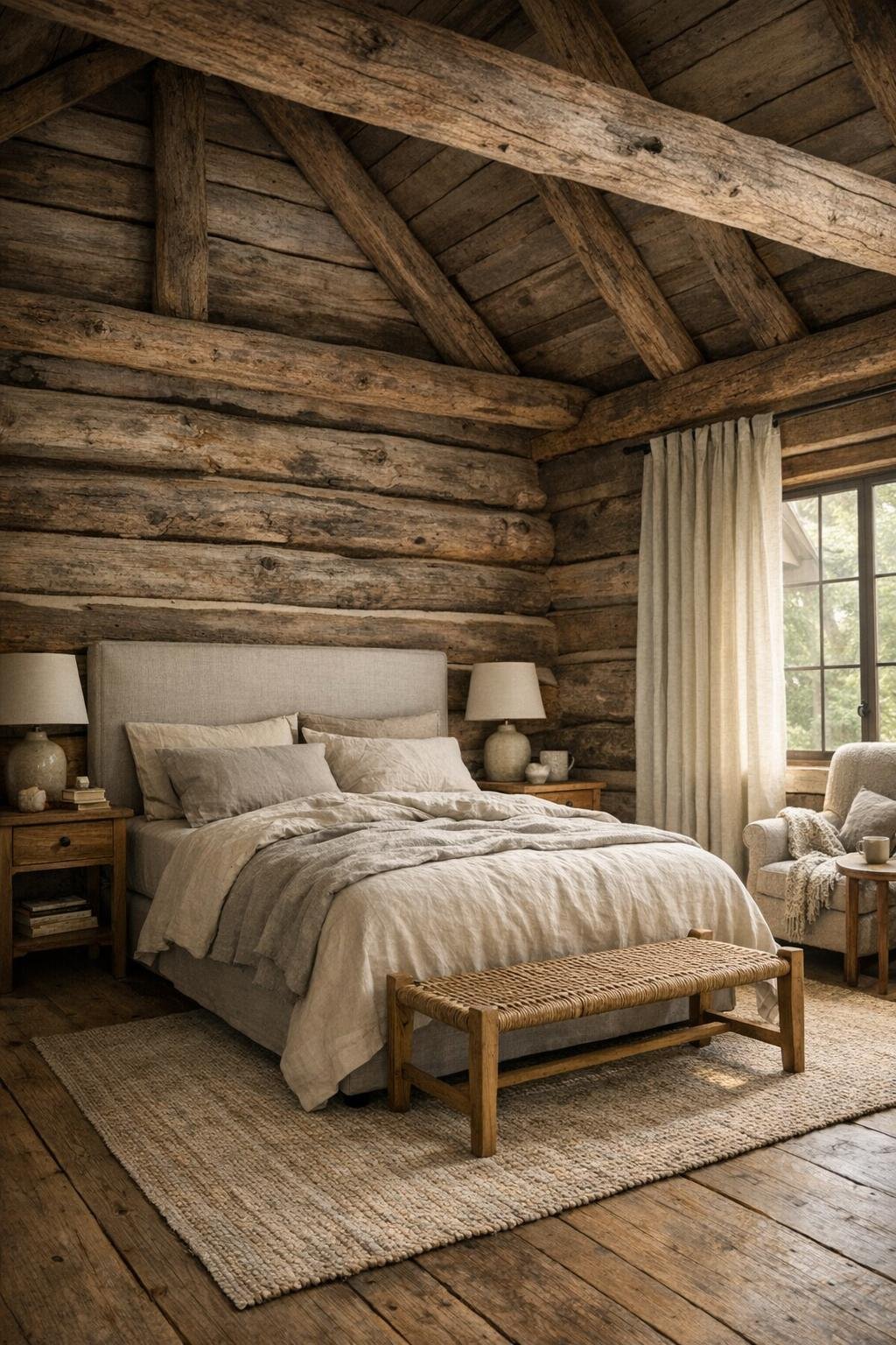 Calm rustic bedroom with log walls, linen bedding, and exposed beams