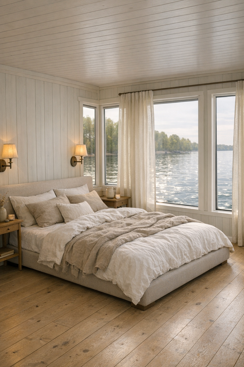 Serene farmhouse bedroom with soft linen bedding and water-reflecting light