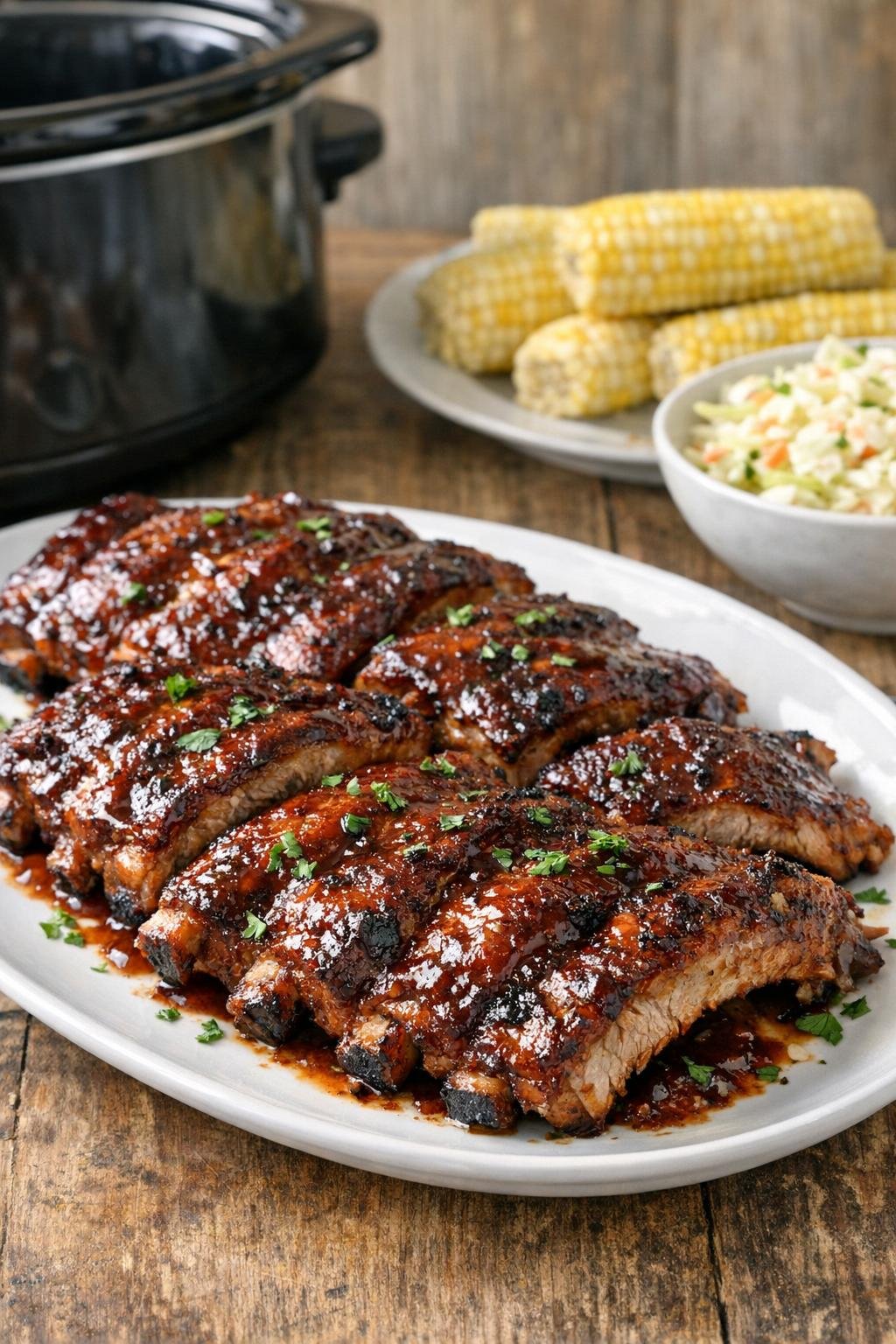 Finished slow cooker baby back ribs on a platter