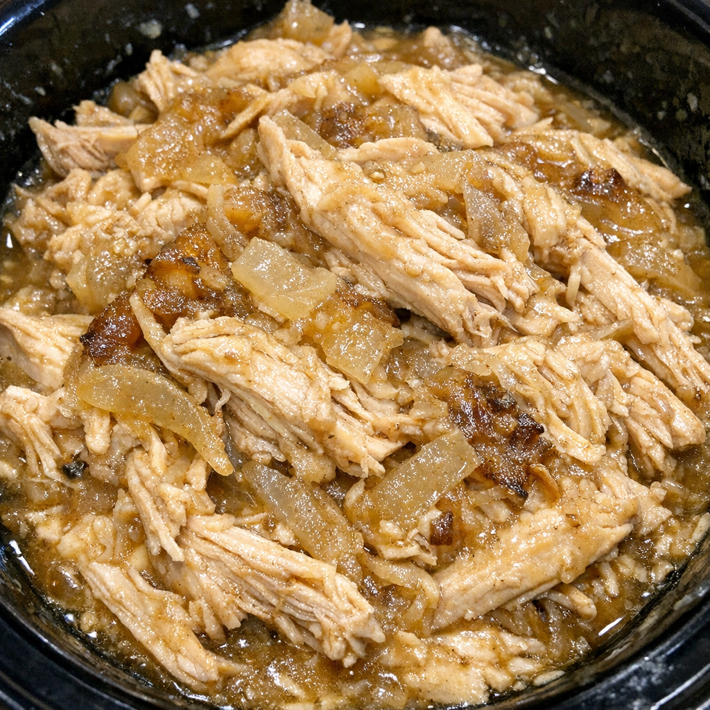 Slow cooker Amish onion chicken in a black slow cooker