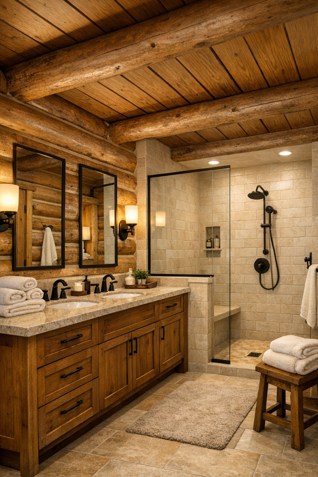 Bathroom with wood vanity, light stone finishes, black fixtures, and a bright walk-in shower