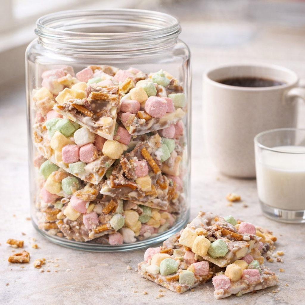 Glass jar filled with Easter bark pieces beside coffee and milk