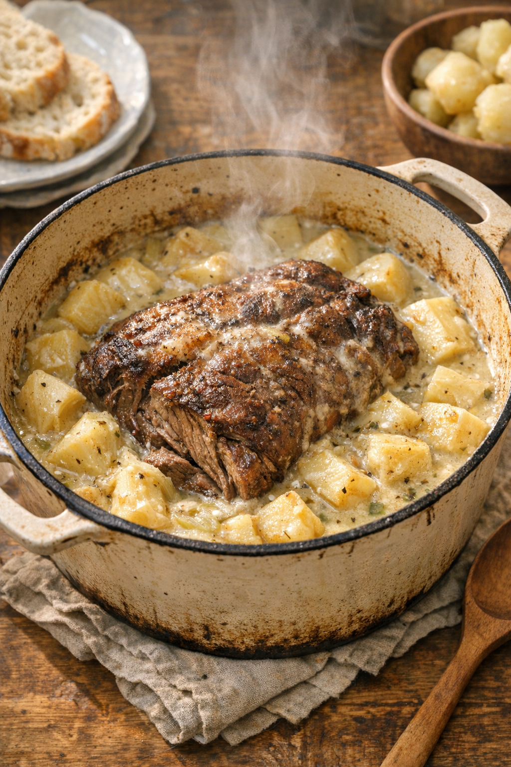 Finished Amish beef and parsnip bake in a Dutch oven