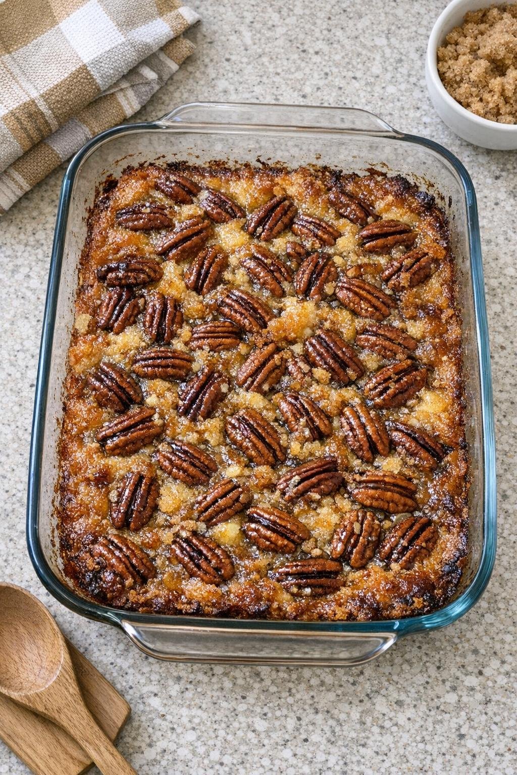 Finished baked pecan dessert in a glass roasting pan