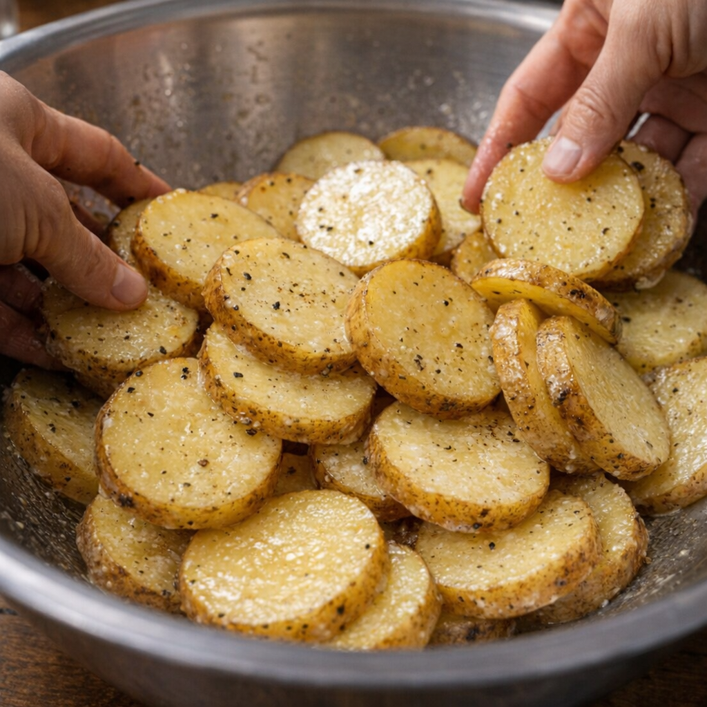 Potato slices being tossed with butter and seasoning