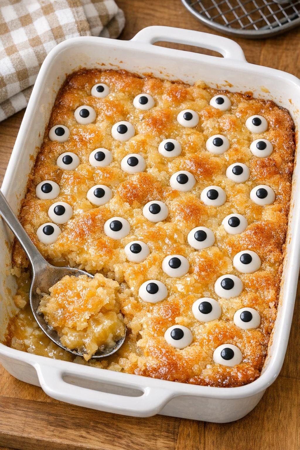 Finished spooky eyeball dessert in a casserole dish