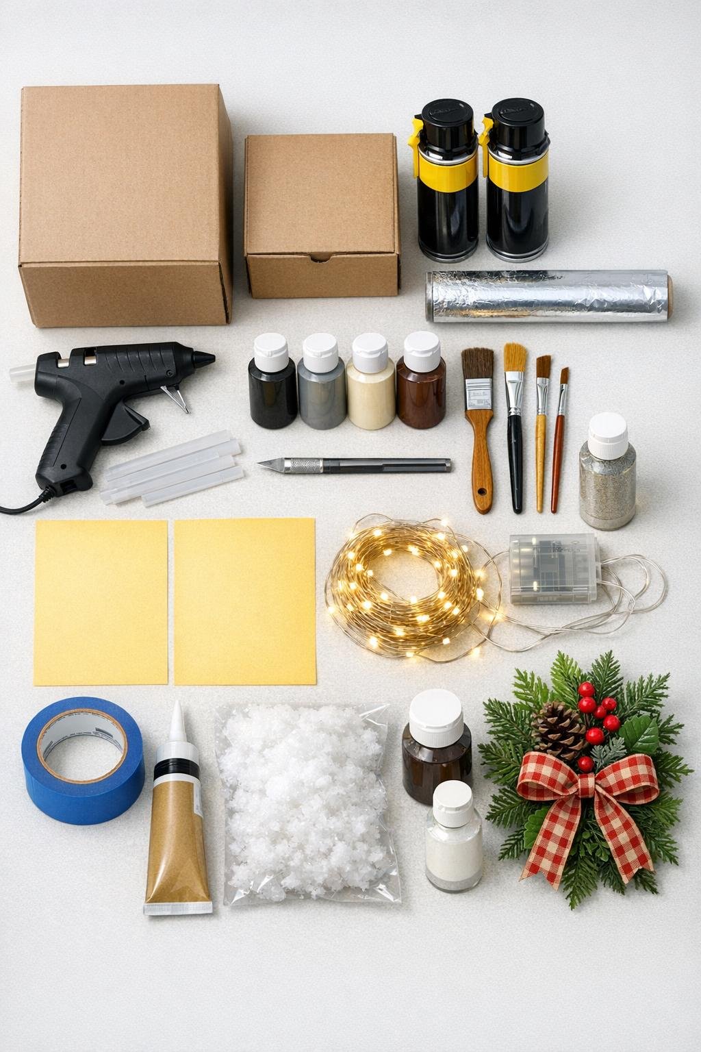 Materials for making a glowing stone Christmas cottage laid out together