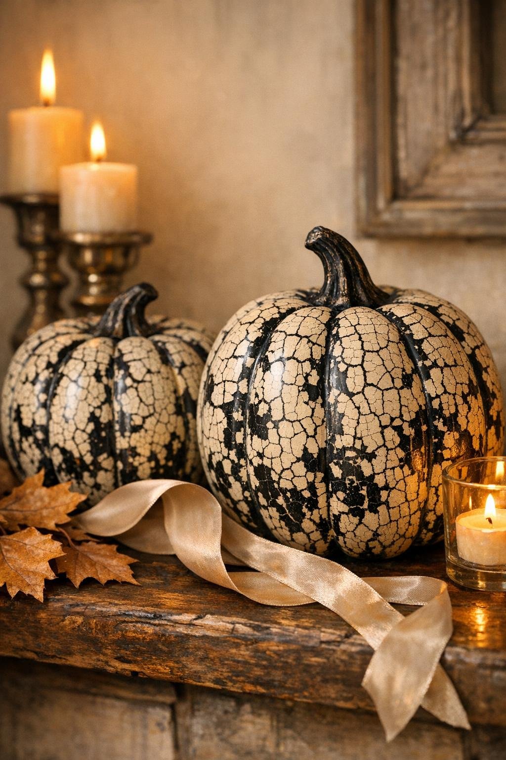 Finished antique-style crackle pumpkins displayed for fall decor