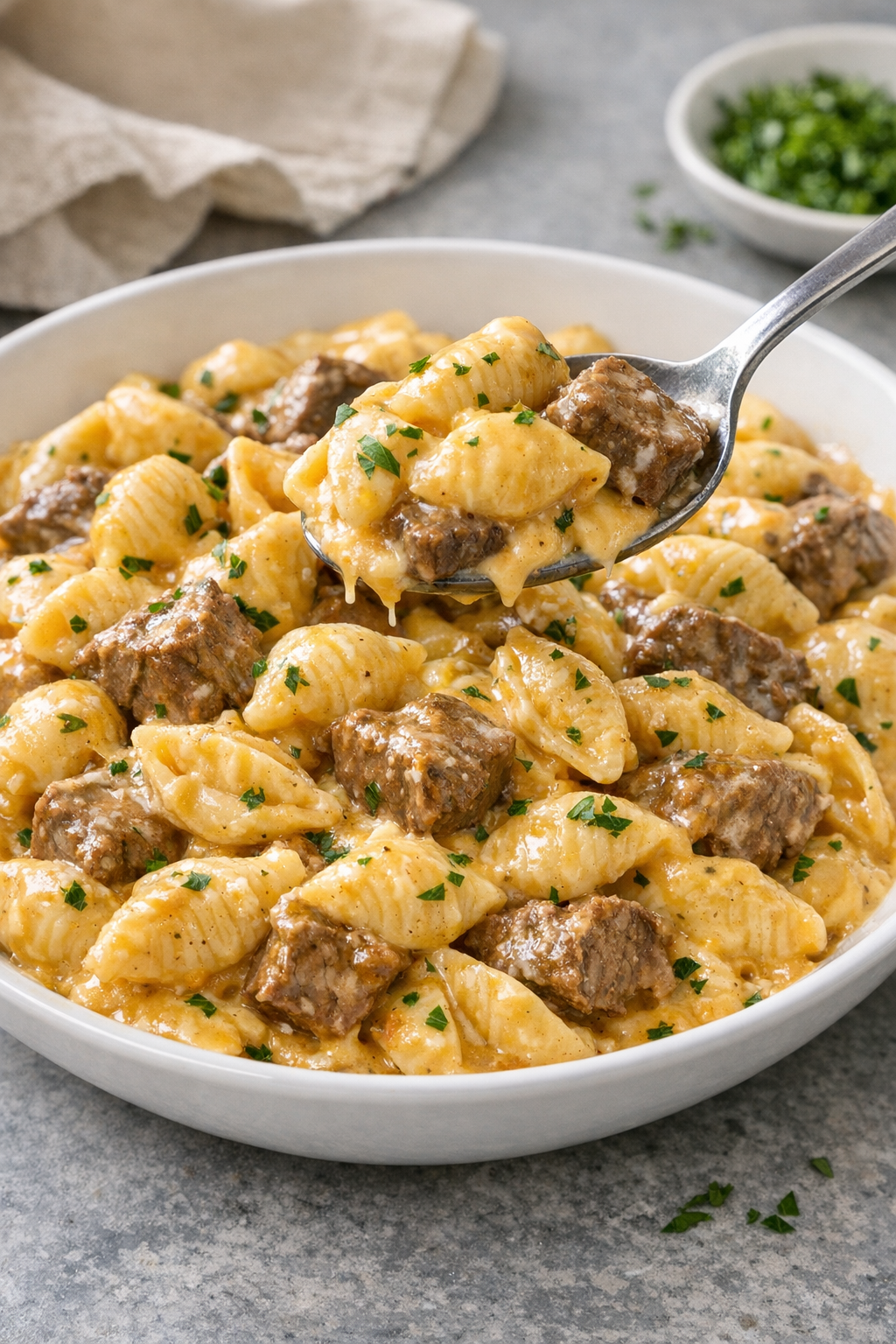 Finished plated Amish-style American cheese beef pasta