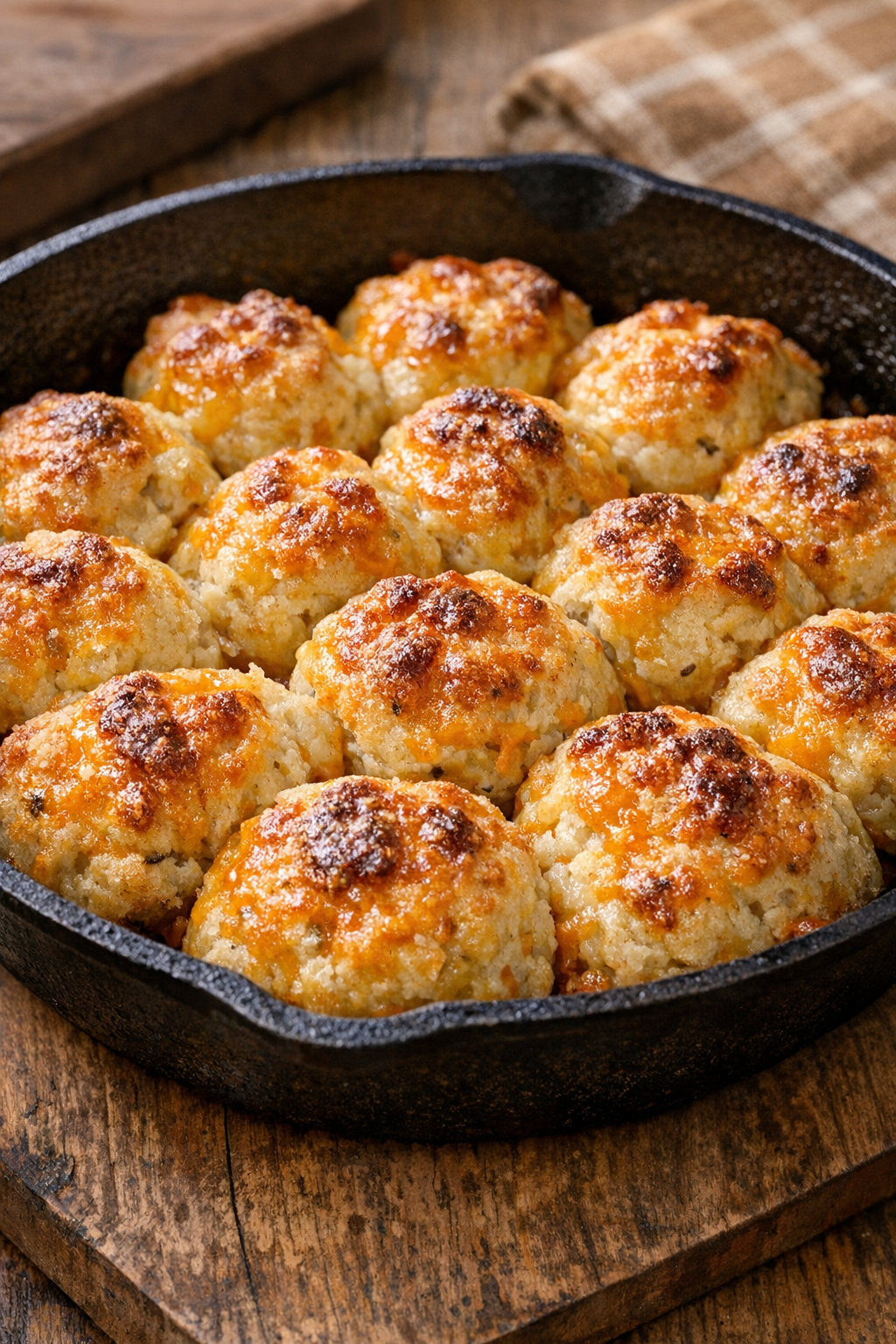 Freshly baked cheddar biscuit bites in a cast iron skillet