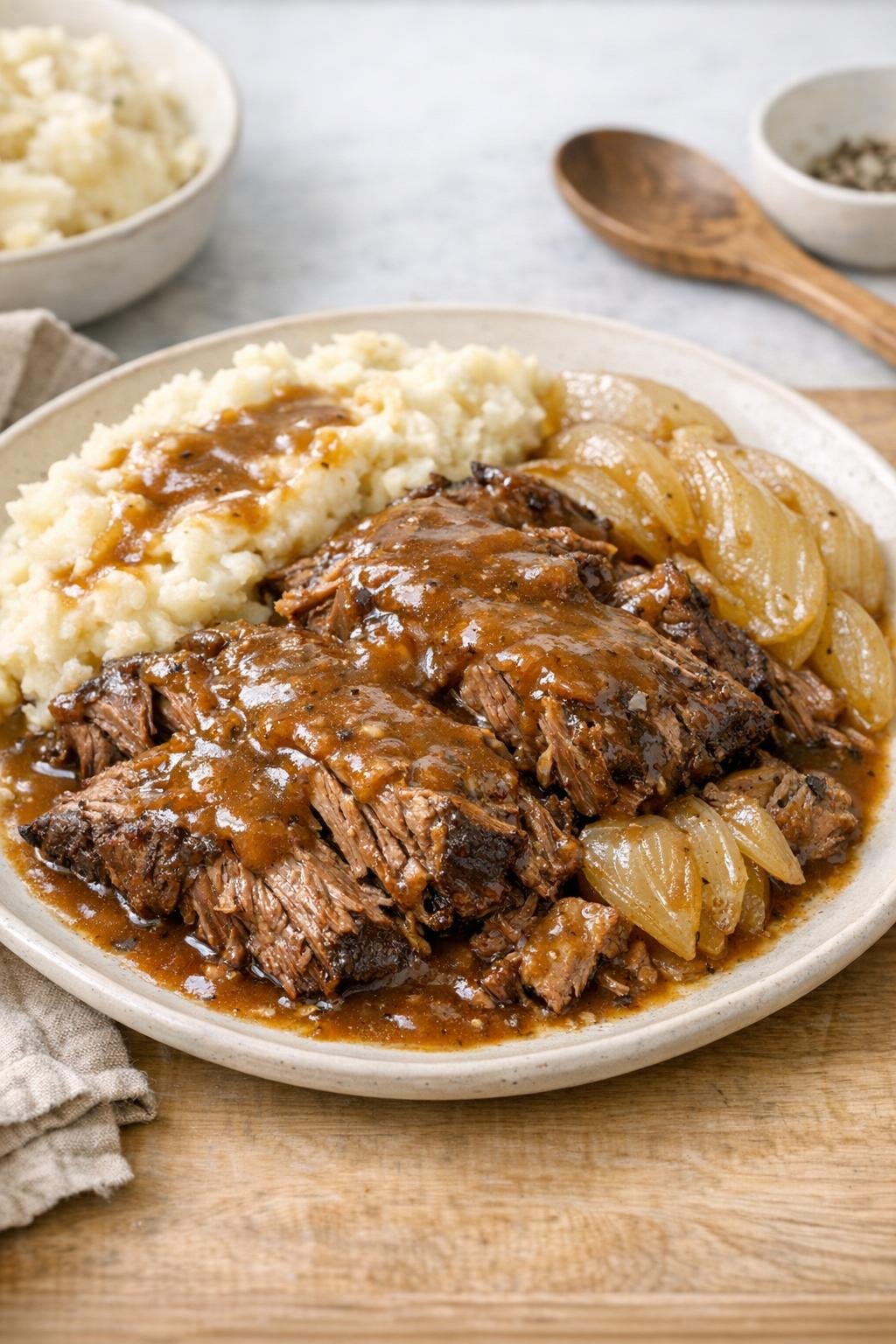 Finished slow cooker chuck roast plated with gravy