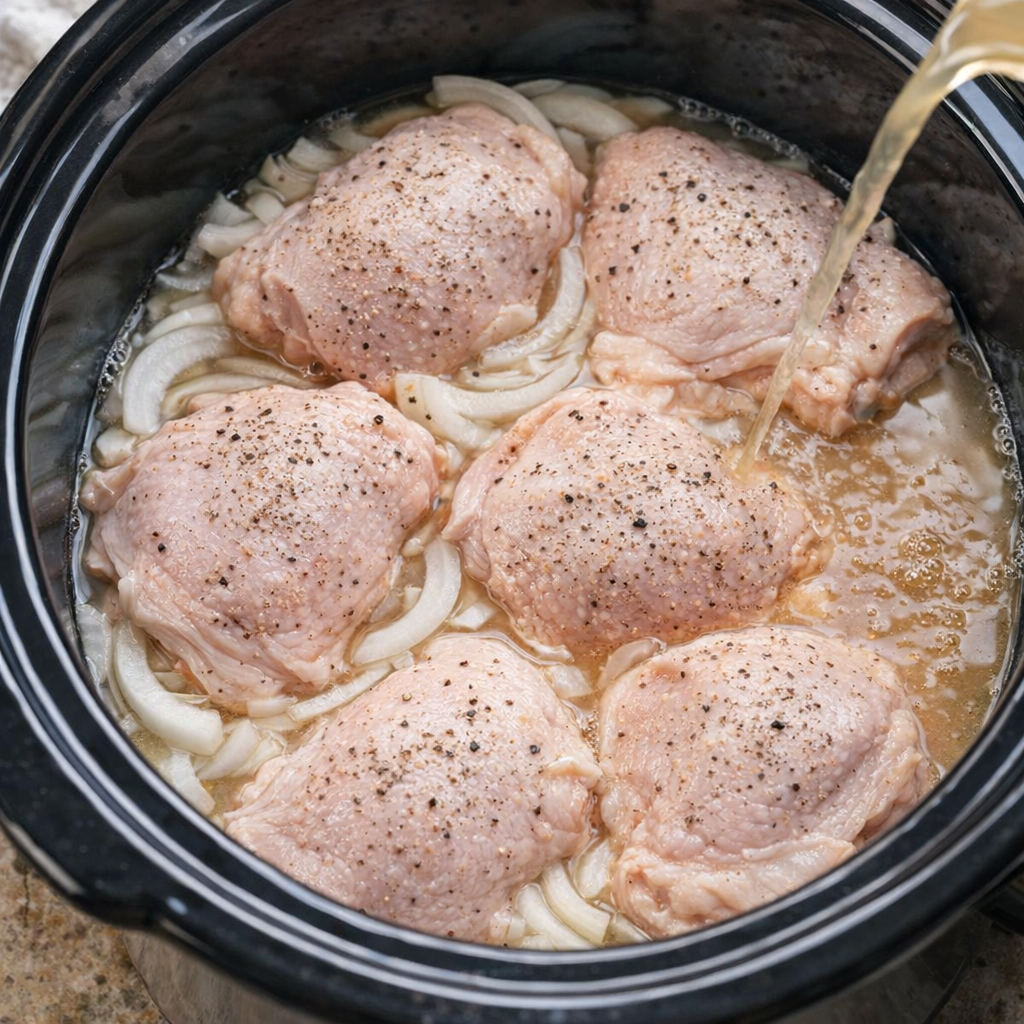Chicken thighs arranged in a slow cooker before cooking