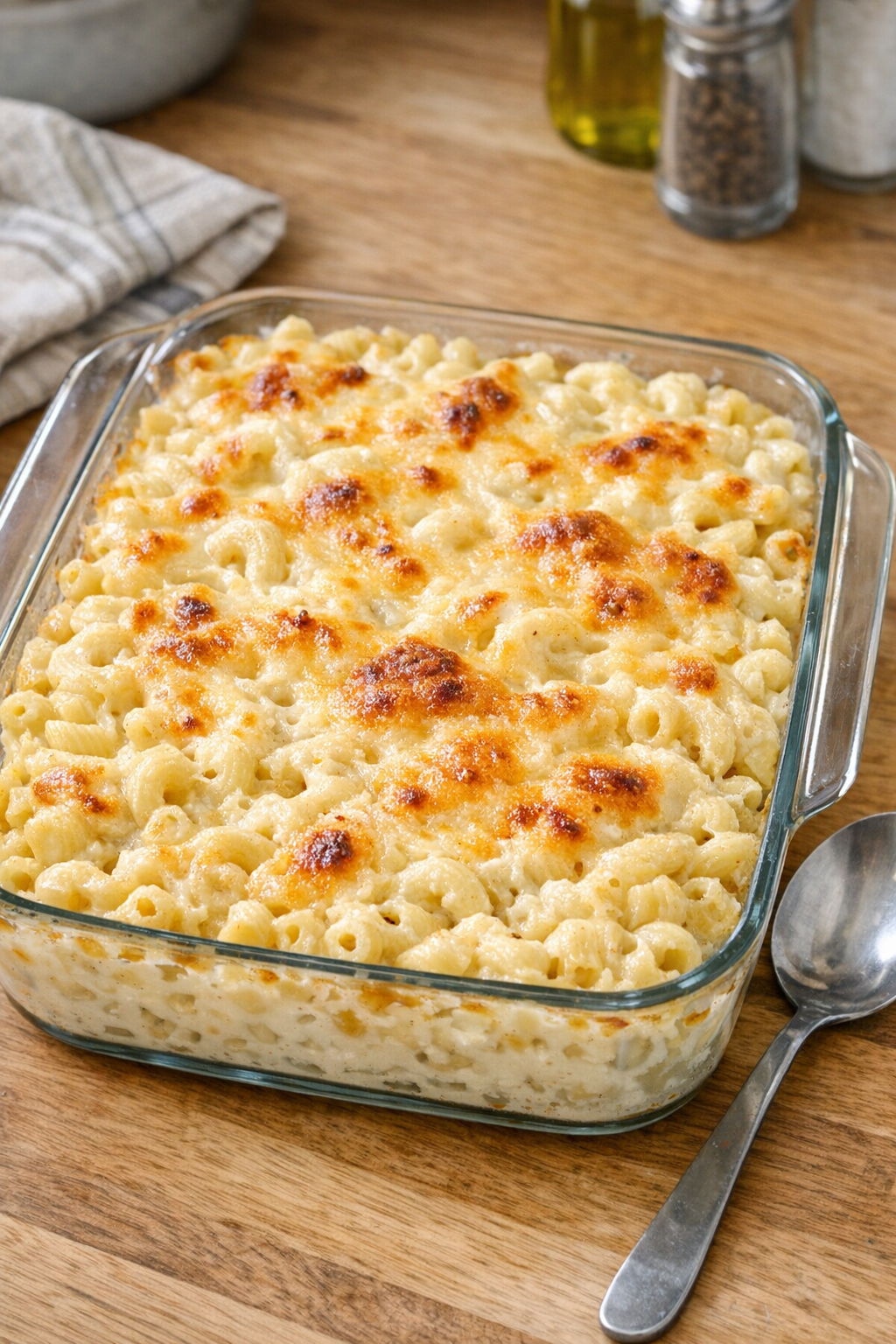 Finished baked queso blanco macaroni in a casserole dish