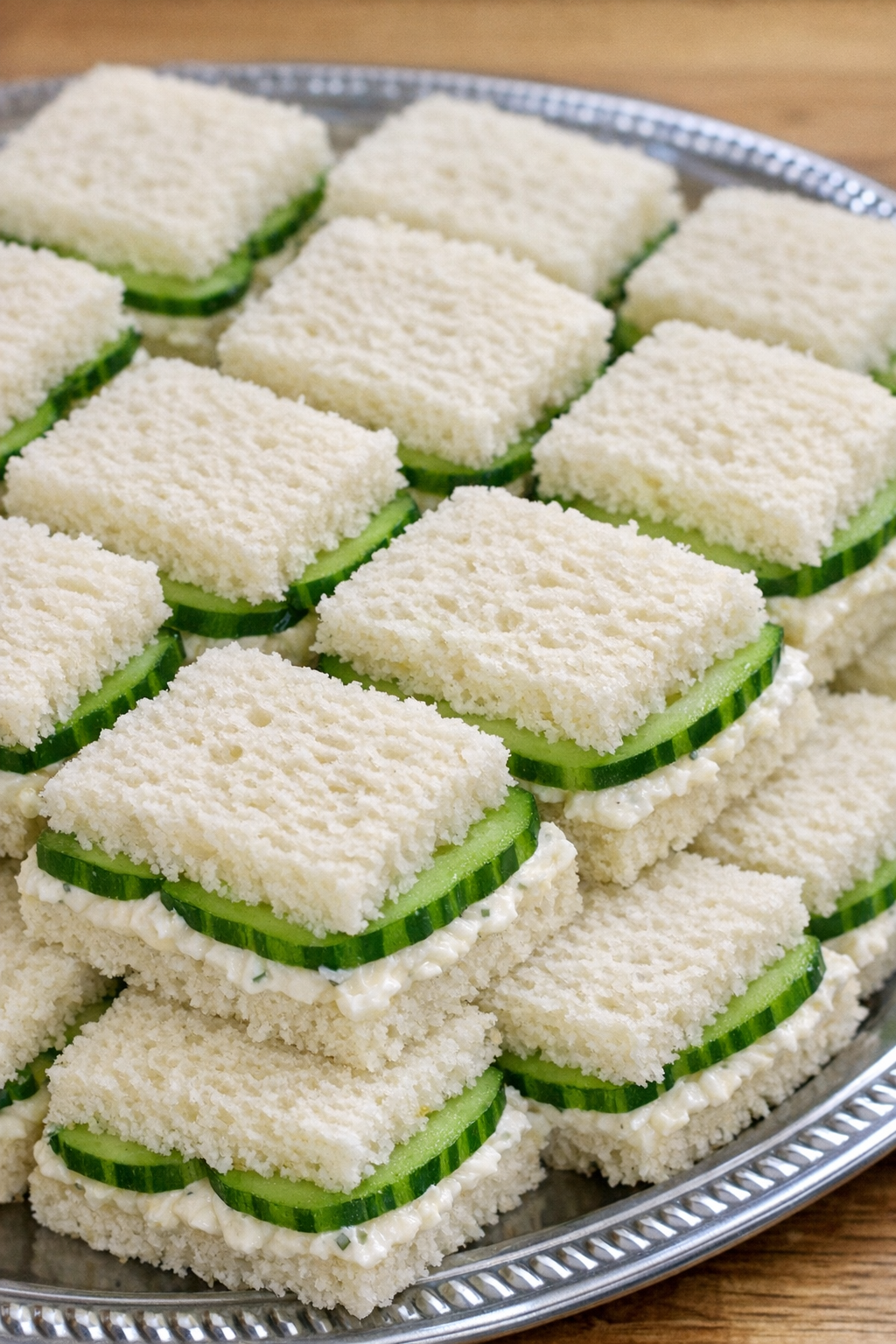 Southern cucumber finger sandwiches on a serving tray