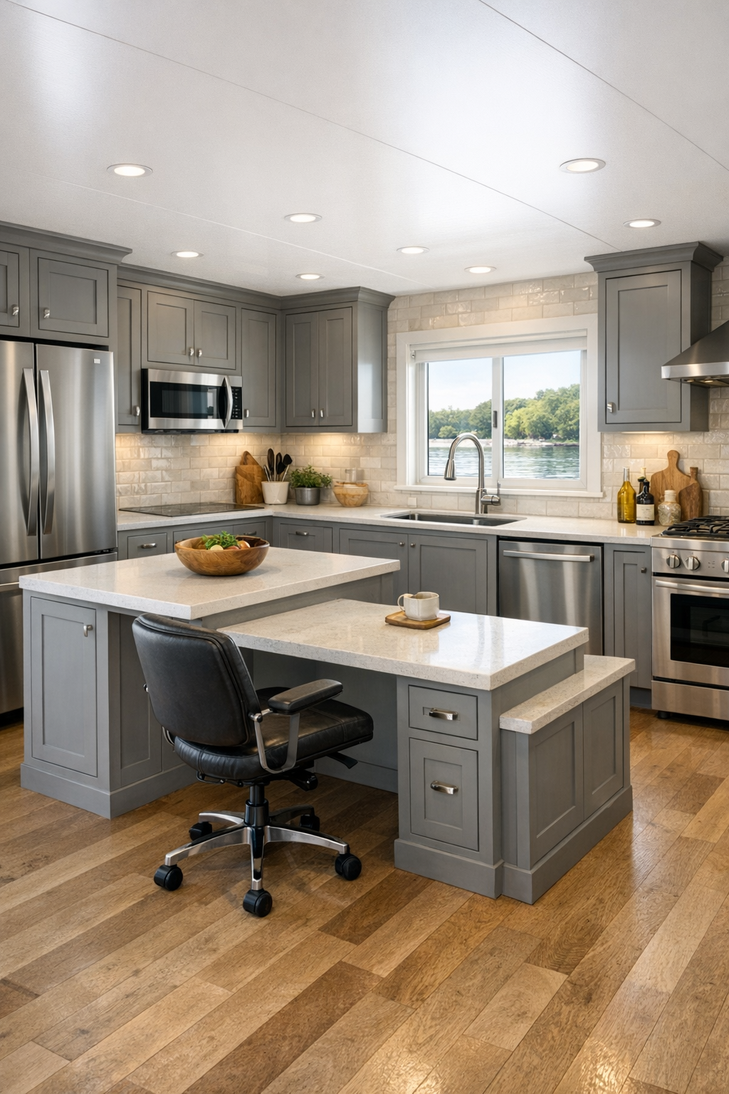 Accessible shaker kitchen with stone-painted cabinetry and multi-height island