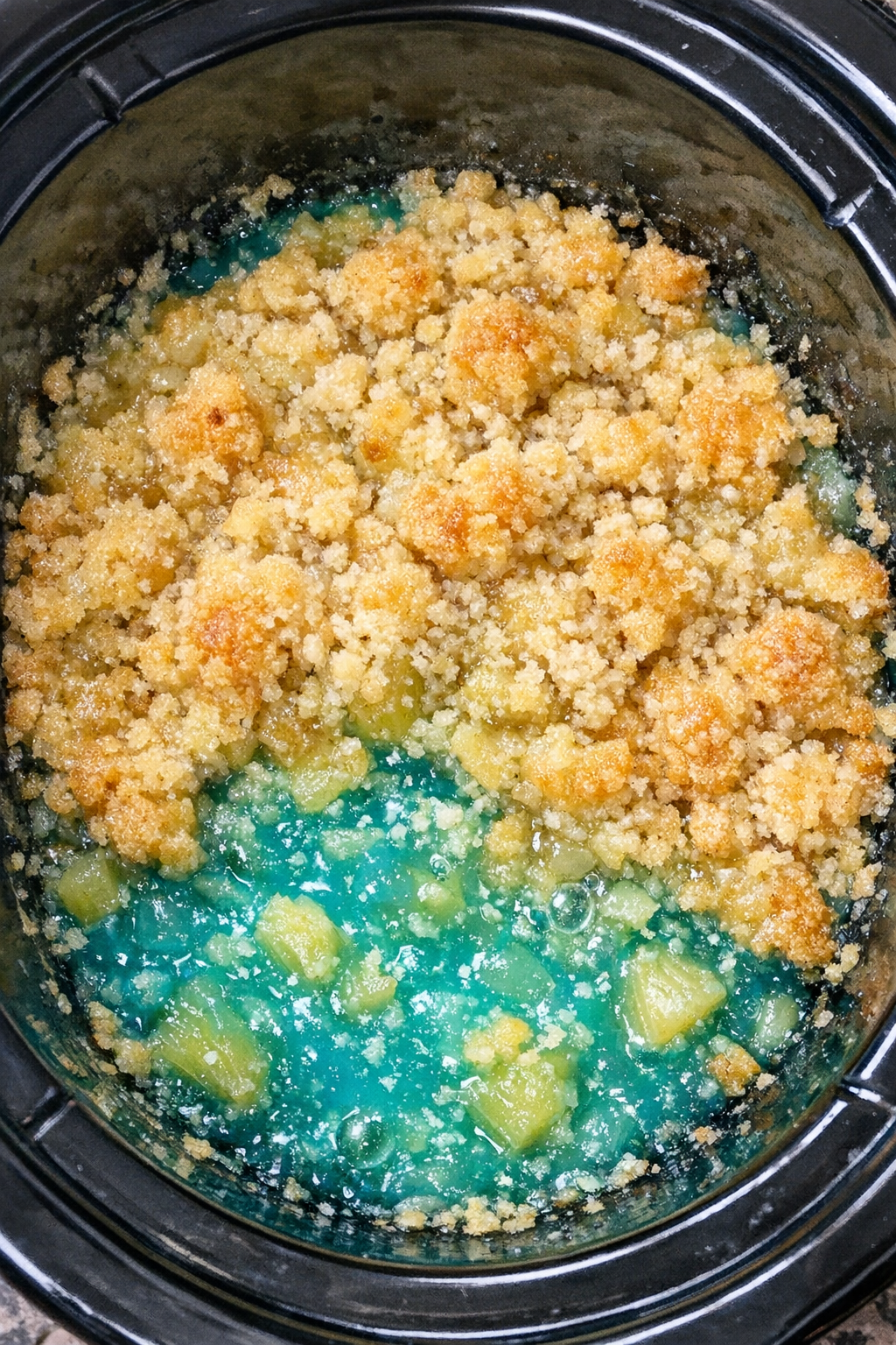 Slow cooker mermaid water dump cake in a black slow cooker