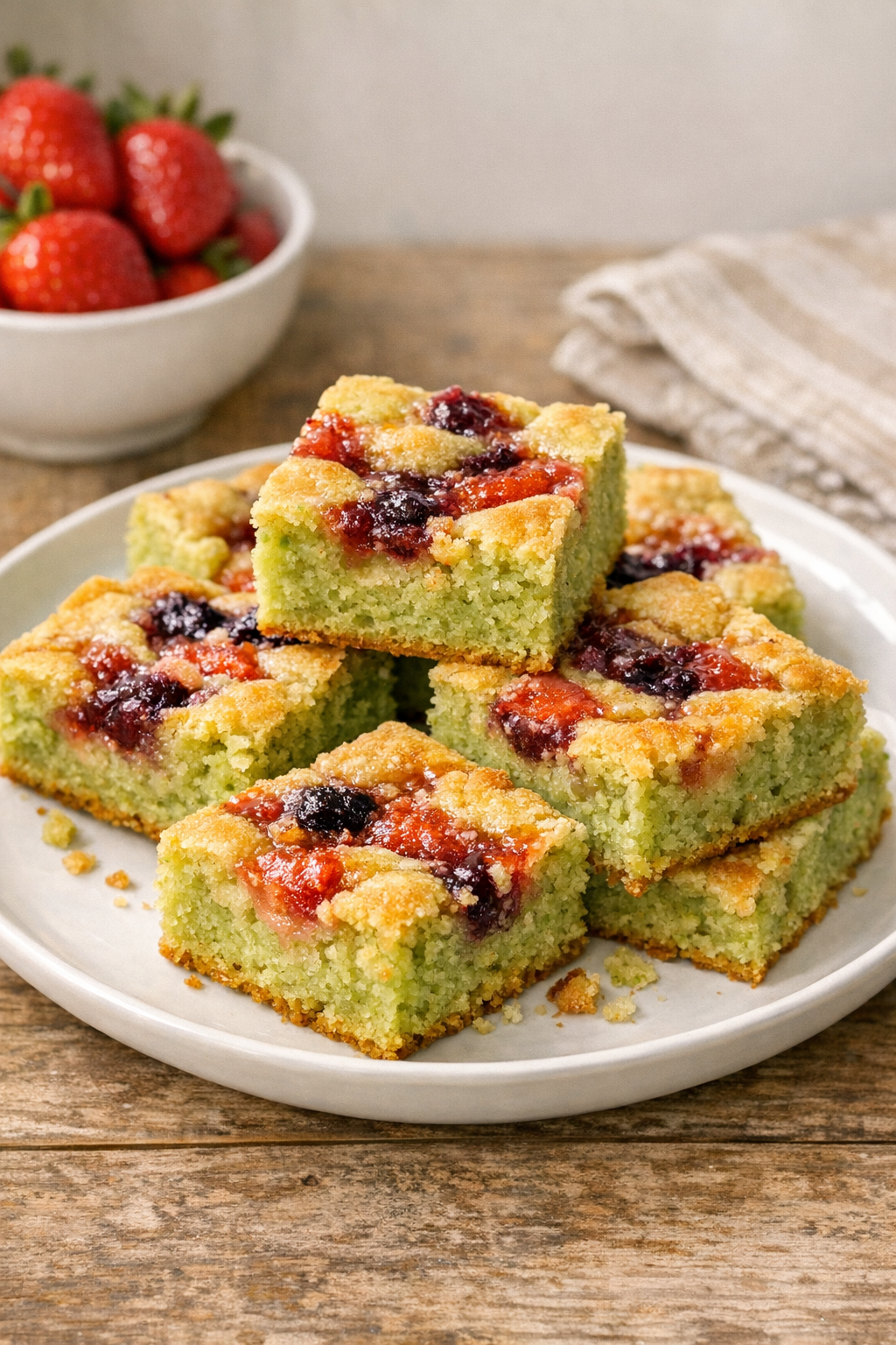 Finished pistachio fruit bars on a serving plate