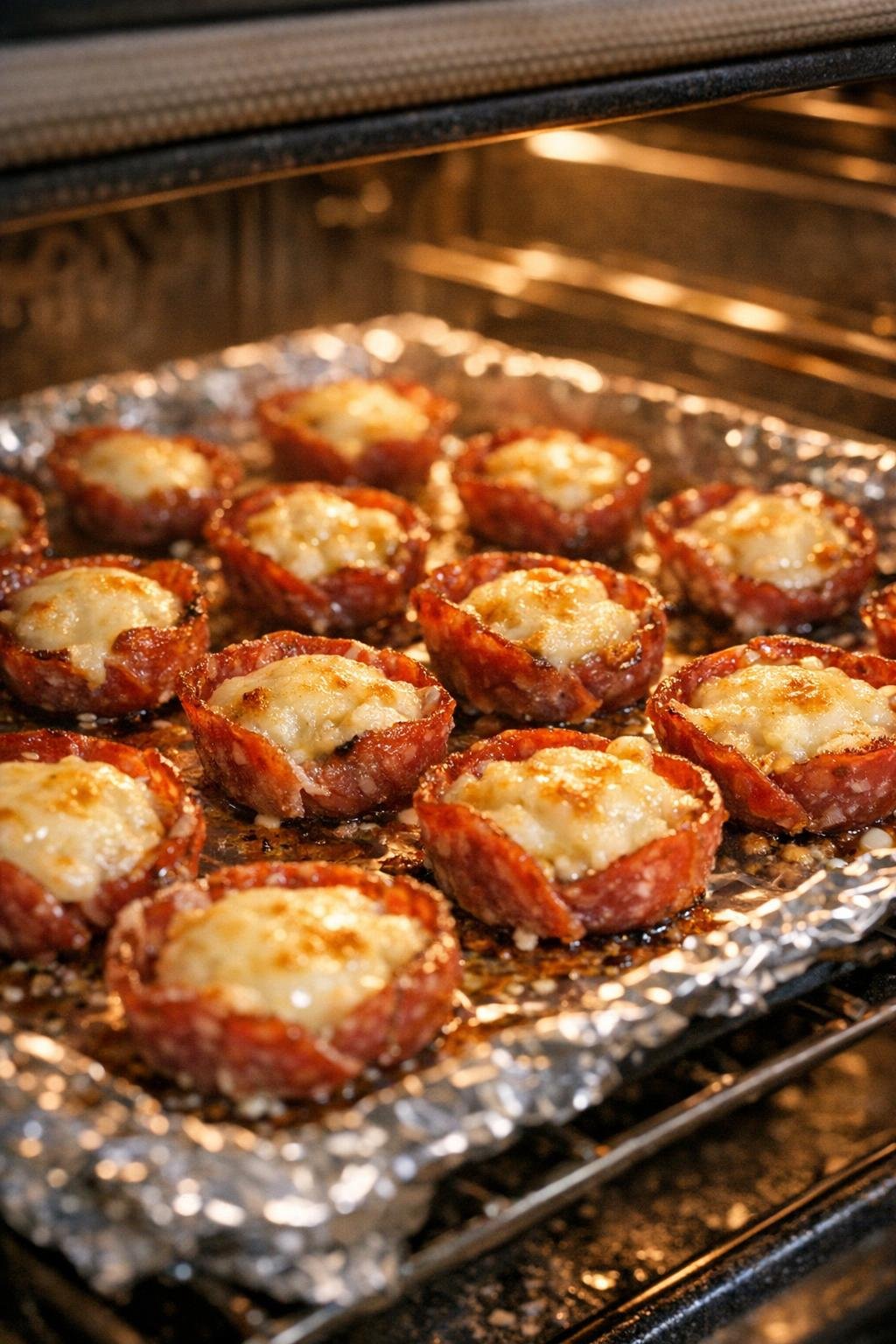 Kawałki salami pieczone do momentu zwinięcia się brzegów
