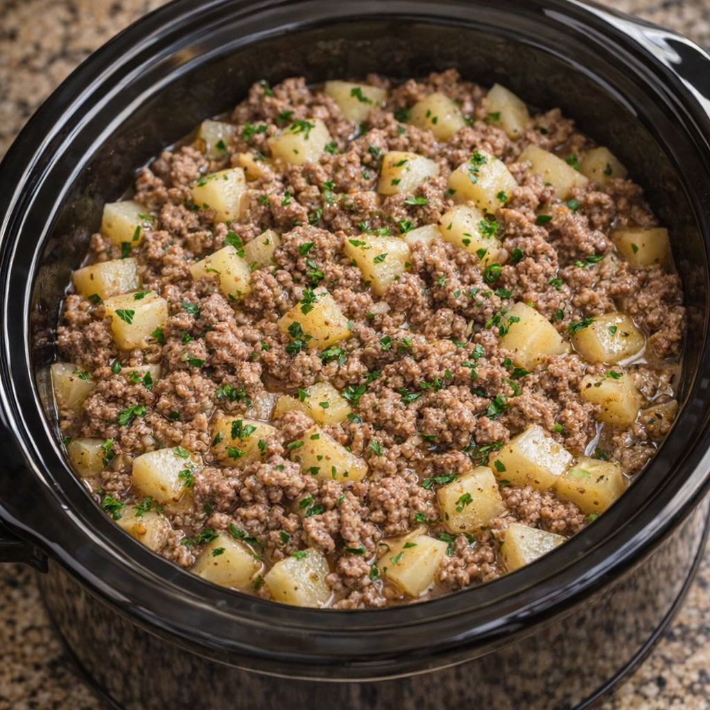 Cubed russet potatoes layered in a slow cooker