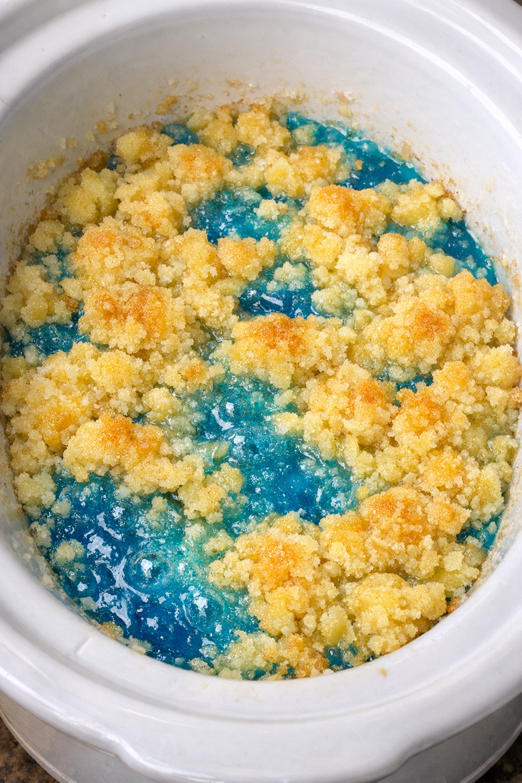Slow cooker blue lagoon dump cake in a white slow cooker