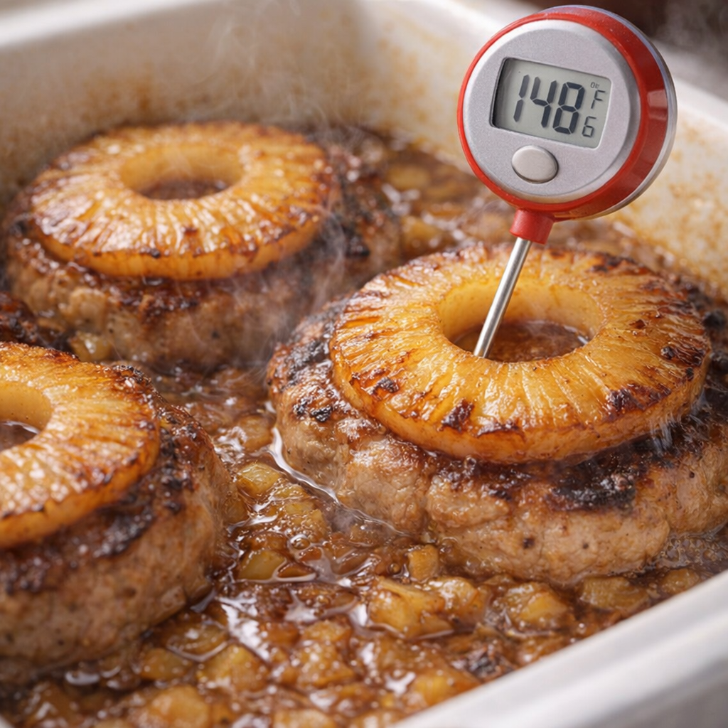 Thermometer checking a baked pork chop in bubbling sauce