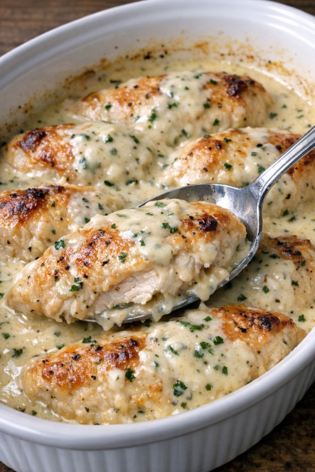 Golden brown chicken in creamy herb sauce in a white casserole dish