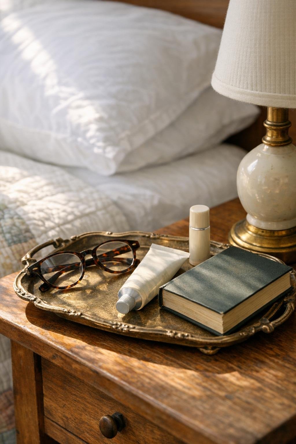 Old serving tray arranged on a bedside table