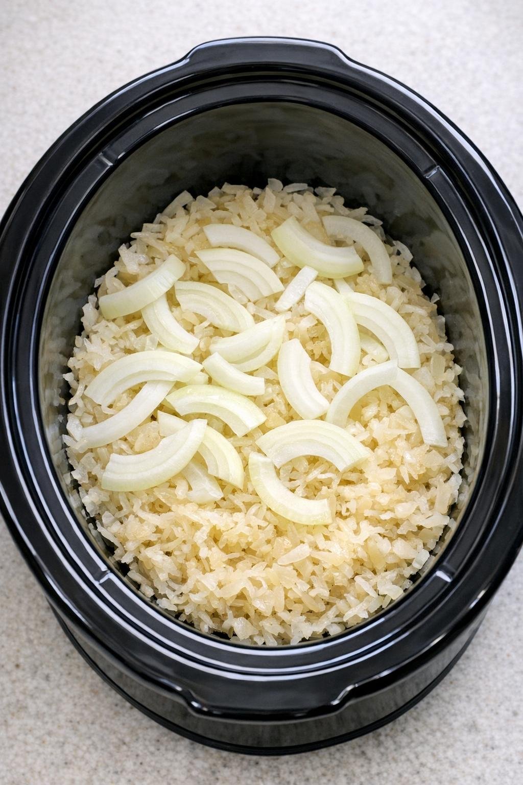 Onion and sauerkraut layered in slow cooker