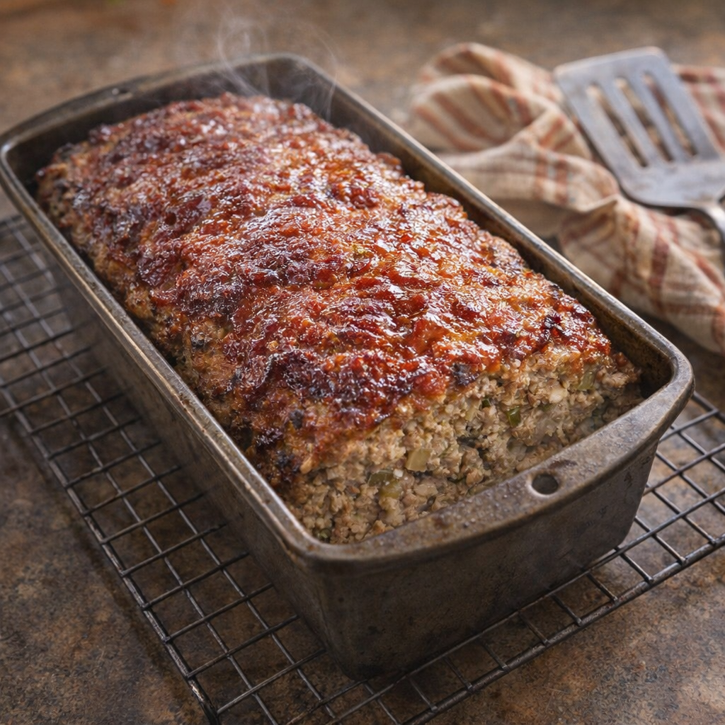 Freshly baked turkey stuffing meatloaf in loaf pan
