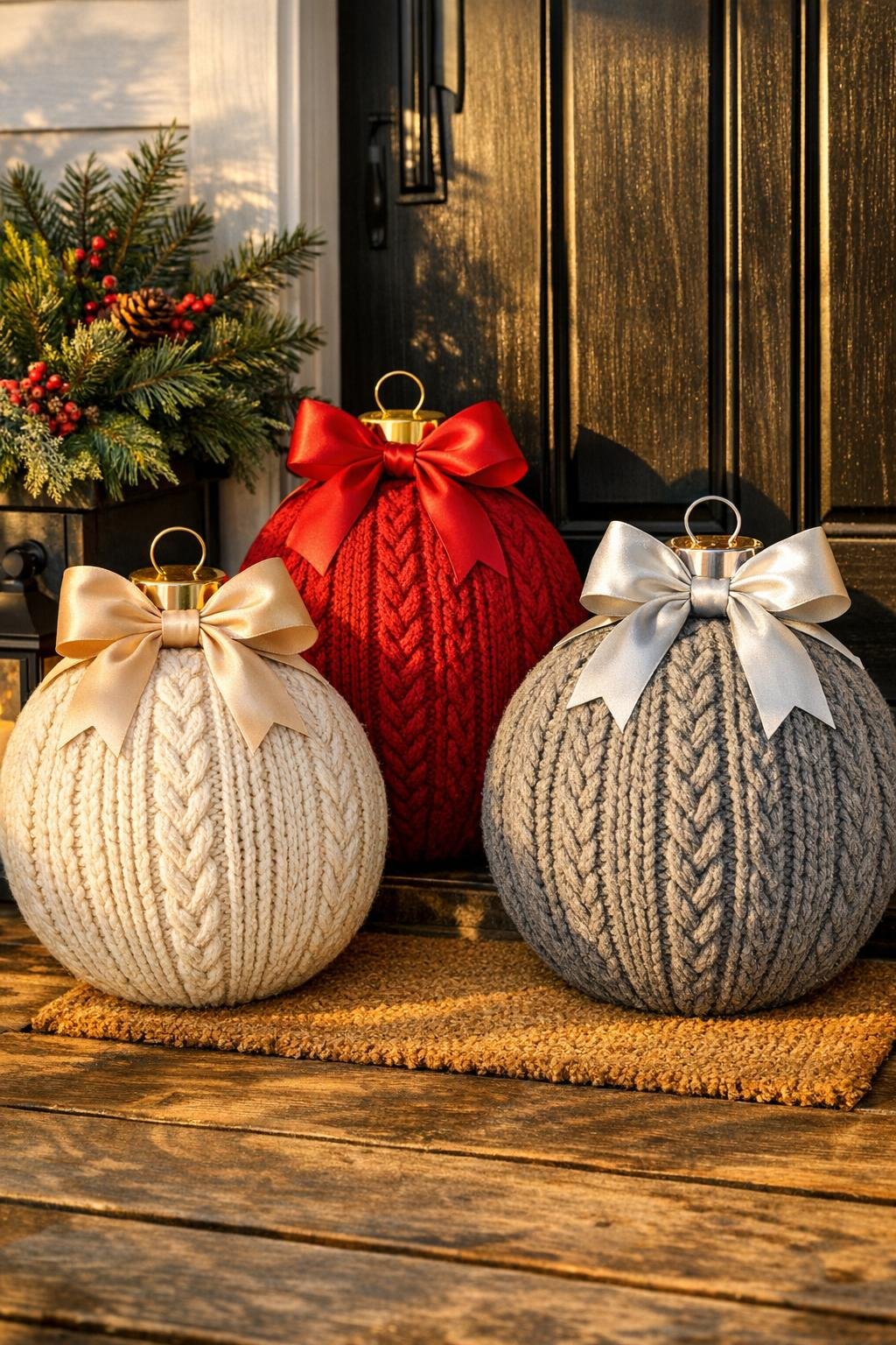 Finished giant sweater porch ornaments styled by a front door