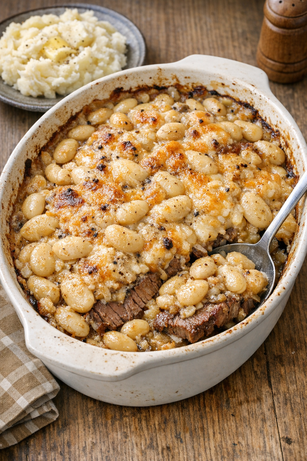 Finished Amish beef and butter bean casserole in a baking dish