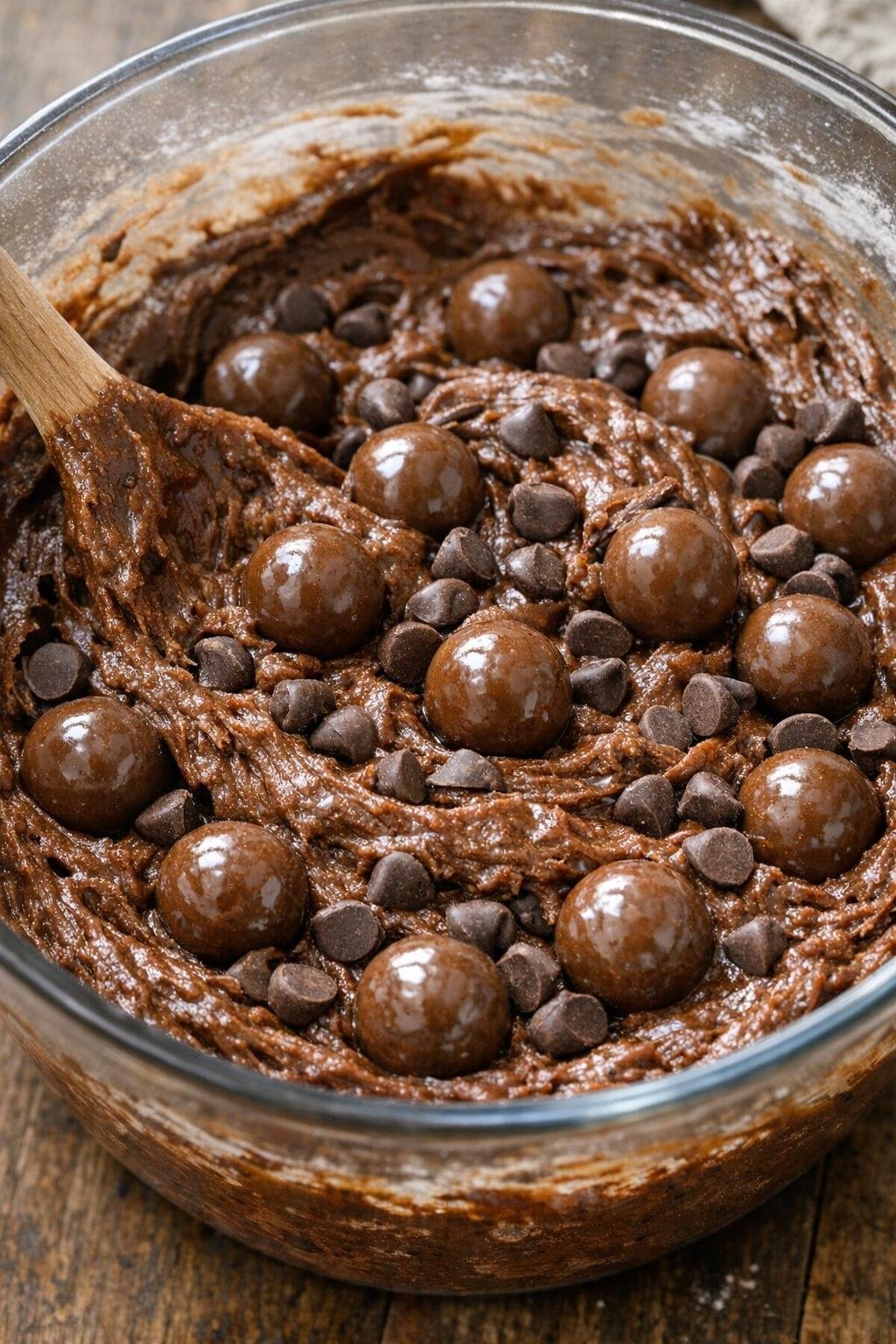 Chocoladestukjes en maltballetjes door het beslag gemengd.
