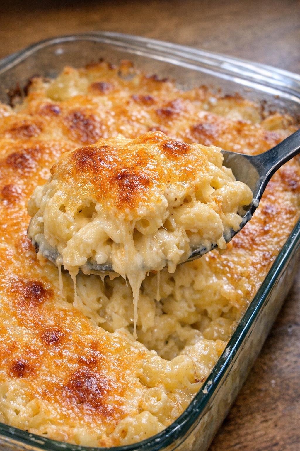 Golden cheesy pasta bake in a glass casserole dish